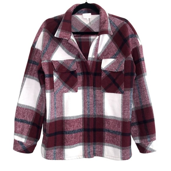 entro Tops - Entro Burgundy & White Thick Plaid Oversized Shacket Size Small